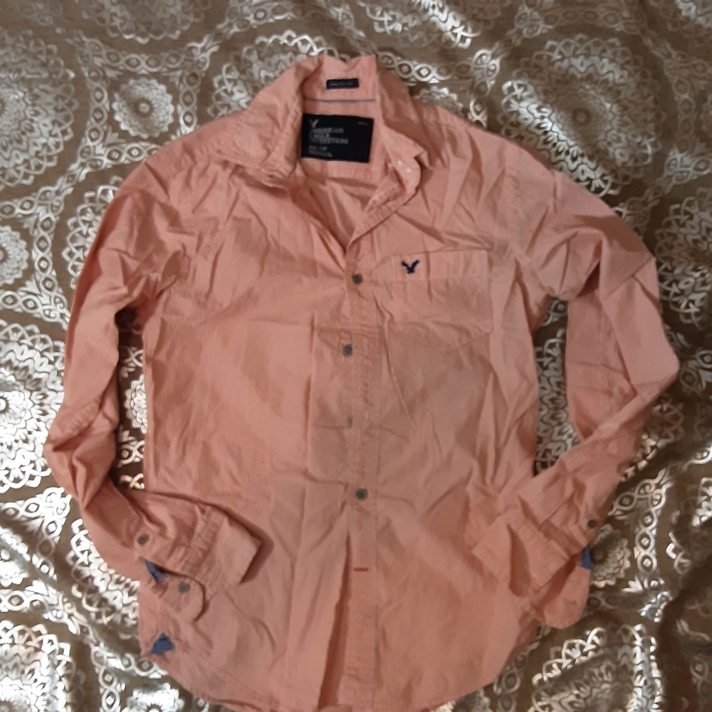Mens American eagle outfiters long sleeve orange striped button up shirt xs/tp - Picture 7 of 8